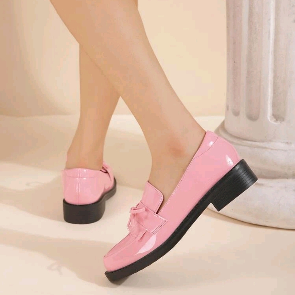 Bow Decor Fringe Trim Slip-On Flat Loafers, Pink Preppy Style Solid Color Loafer - Picture 4 of 5
